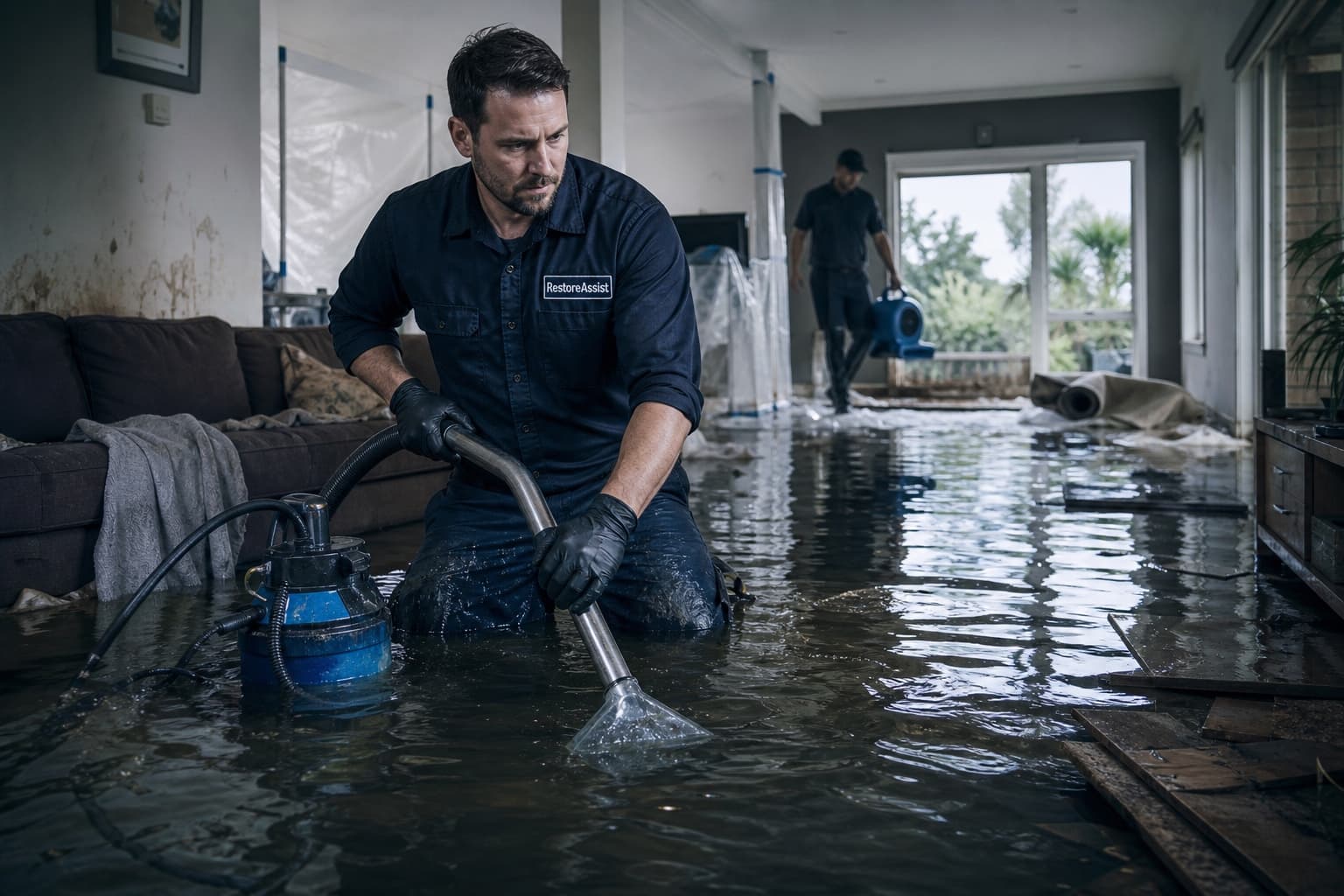 RestoreAssist technician extracting floodwater from a water-filled home during active restoration